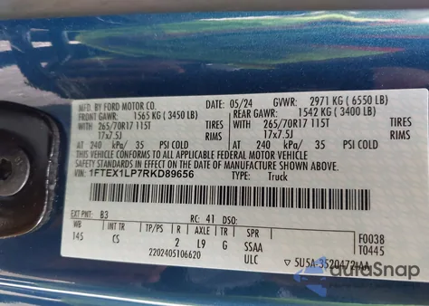 2024 Ford F-150 Xl из США, поврежденный, VIN 1FTEX1LP7RKD89656